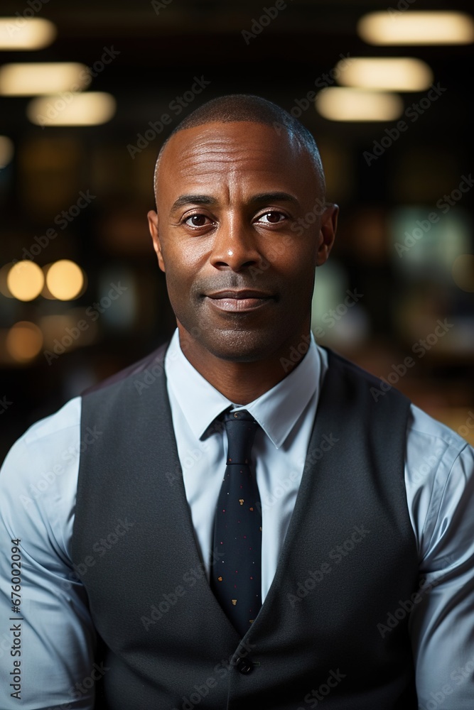 Fototapeta premium Portrait of successful black businessman. Handsome senior entrepreneur wearing tie and formal clothing smiling and looking at camera.