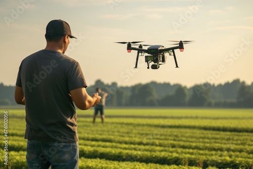 Man using drone with the remote control on technological tablet, drone flying over green fields and filming it while being controlled by man