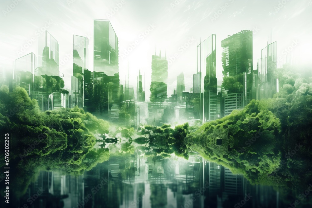 Obraz premium Green city double exposure of lush green forest and city landscape. Futuristic green environment in city.
