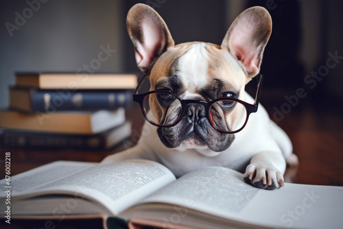 Smart French Bulldog dog with reading glasses and open book. © Firn