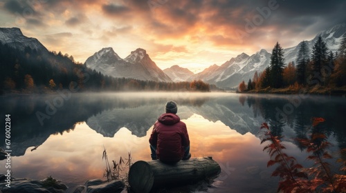 Solo backpacker overlooking a serene mountain lake at dawn
