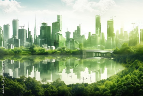 Green city double exposure of lush green forest and city landscape. Futuristic green environment in city.
