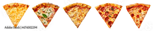 Different variety of pizza slices on a transparent background viewed from above