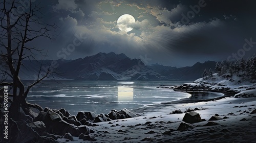  a painting of a full moon over a body of water with rocks in the foreground and mountains in the background.  generative ai