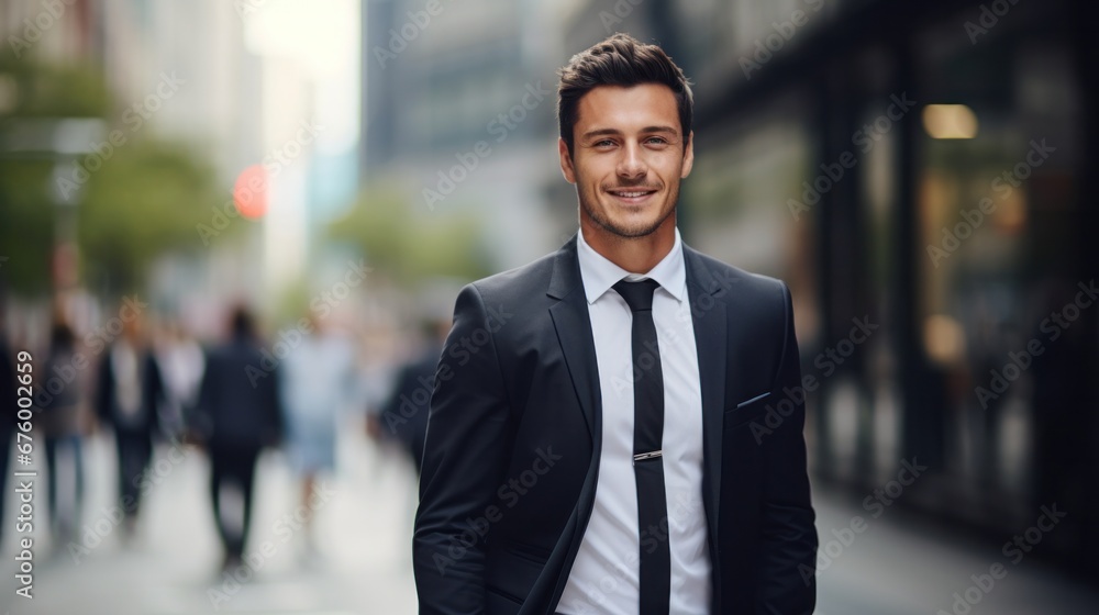 portrait of a handsome smiling Caucasian young businessman boss in a black suit walking on a city street to his company office. blurry street background, confident portrait of a handsome smiling Caucasian young businessman boss in a black suit walking on a city street to his company office. blurry street background, confident