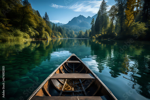 bow of a wooden boat in the water against the backdrop of a natural landscape