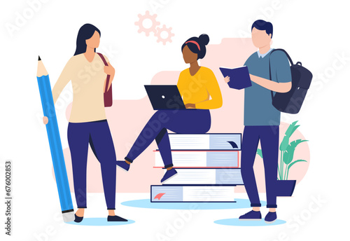 Group of students working together - Team of people studying and taking education using laptop, book and big pencil. Flat design vector illustration with white background