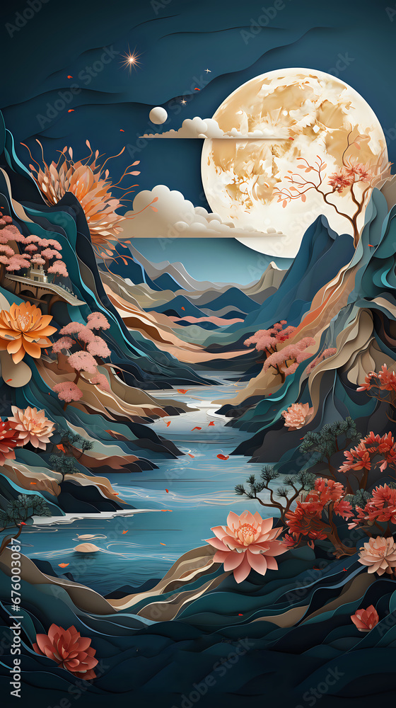 Moonlit Oriental Landscape with Lotus Blossoms.
A serene oriental landscape under a full moon, with lotus blossoms and traditional architecture, ideal for tranquil decor and cultural themes.