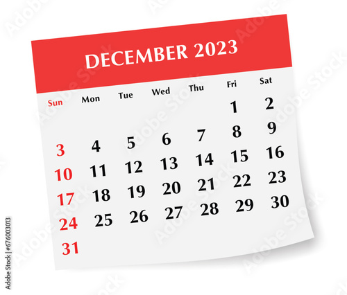 December 2023 calendar. Monthly planning for your business events. Vector