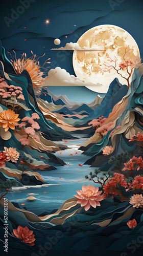 Moonlit Oriental Landscape with Lotus Blossoms. A serene oriental landscape under a full moon  with lotus blossoms and traditional architecture  ideal for tranquil decor and cultural themes.
