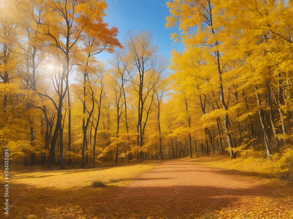 a beautiful bright landscape of a forest in autumn on a sunny day