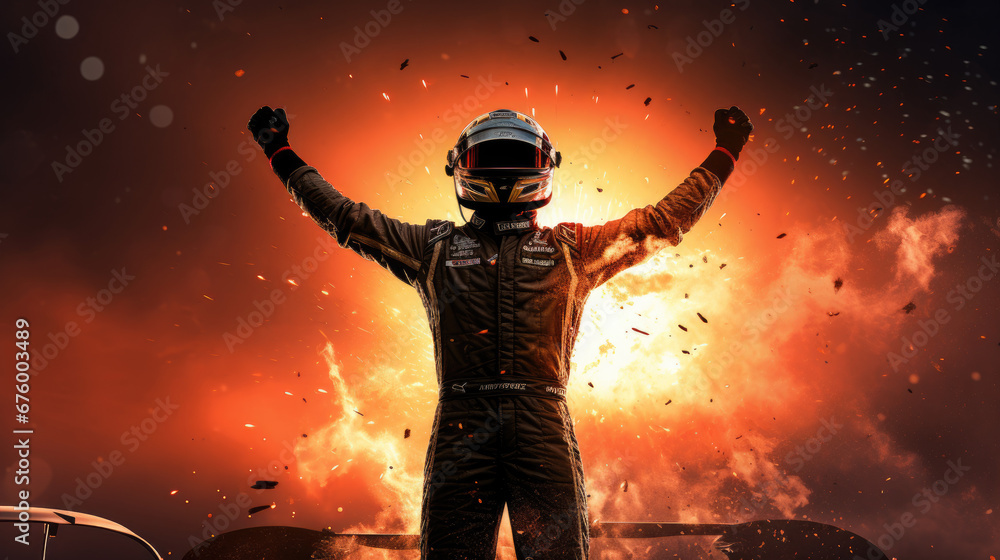 Digital Art of Winning Race Car Driver’s Silhouette, Grand Prix Victory Celebration - obrazy, fototapety, plakaty 