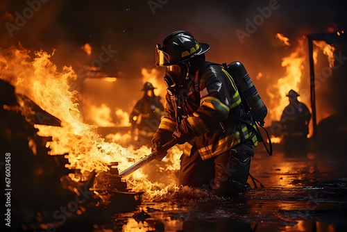 scene with brave firefighters putting out a fire in water © Yuliia