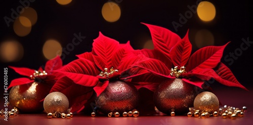 Poinsettia and Golden Christmas Balls Still Life