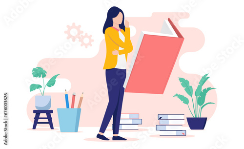 Woman studying reading book - Female person standing, thinking and learning from literature books indoors. Self education concept in flat design vector illustration with white background