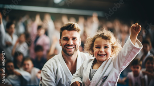 Digital photo of a child celebrating a victory in a judo competition together with the coach photo
