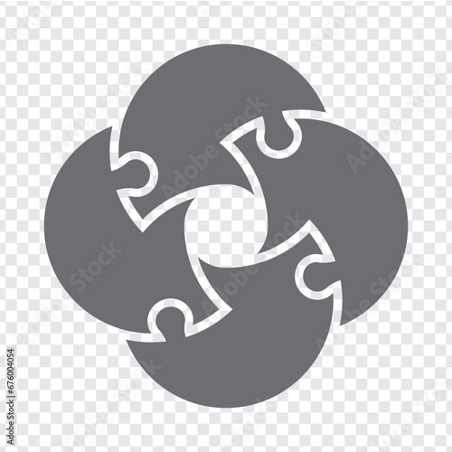 Simple icon of puzzle in grey.  Simple icon puzzle of the four elements and center on transparent background for your web site design, logo, app, U. EPS10.