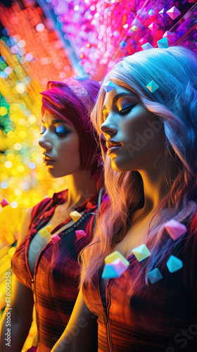 Euphoric Beauty: A Vibrant and Captivating Scene with Two Attractive Women and MDMA Pills, Ideal for Screensavers and Desktop Backgrounds
