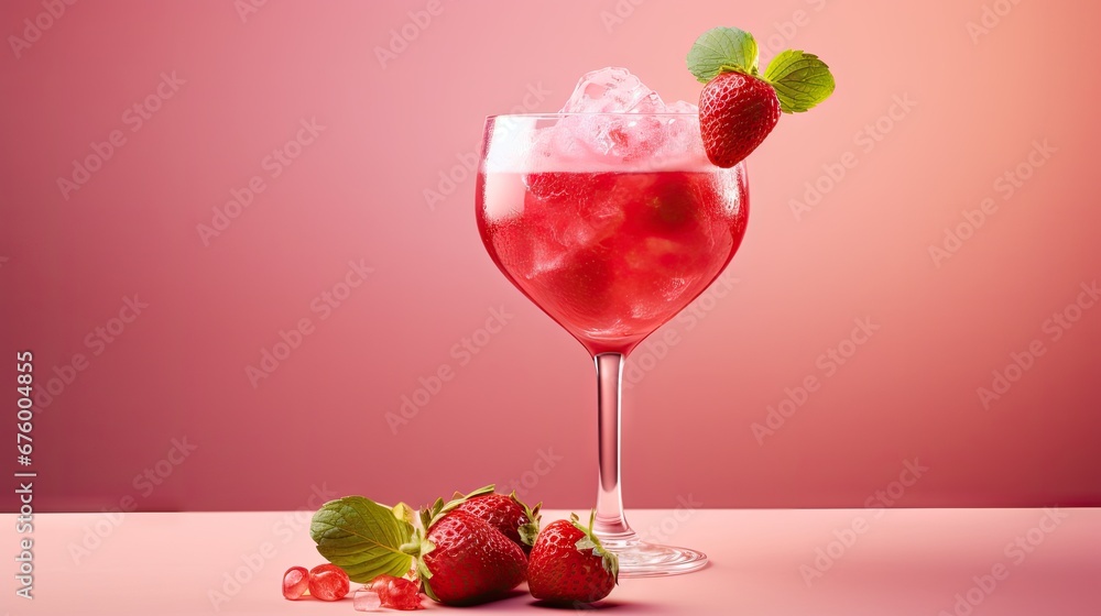 a close up of a wine glass with ice and strawberries on a table with a pink wall in the background. generative ai a close up of a wine glass with ice and strawberries on a table with a pink wall in the background. generative ai