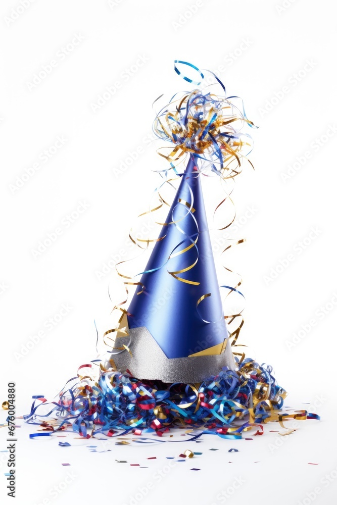 Blue Party Hat with Streamers and Confetti Created With Generative AI Technology Blue Party Hat with Streamers and Confetti Created With Generative AI Technology