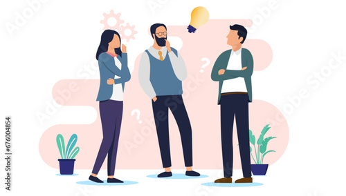 People thinking and contemplating - Team of three characters in casual clothing standing brainstorming and coming up with solution together. Flat design vector illustration with white background