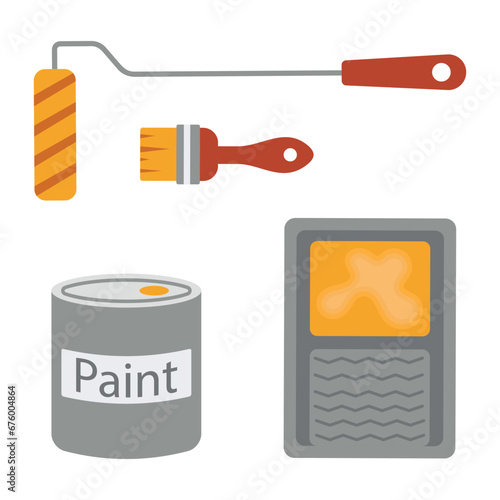 A set of tools for painting walls isolated on a white background. Set of metal cans with paint, brush, roller and paint tray. Home renovation concept. Flat vector illustration