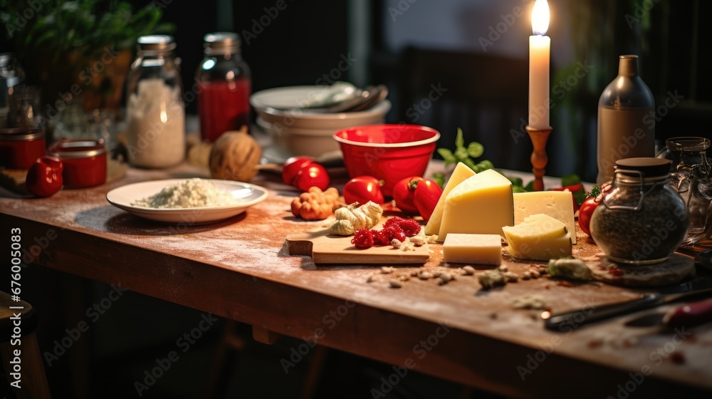  a wooden table topped with lots of different types of food and a lit candle in the middle of the table.  generative ai