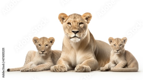  a couple of lions sitting next to each other on top of a white floor next to a baby lion in front of a white background. generative ai
