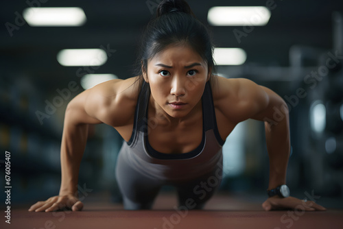 Asian strong woman doing push ups in the gym