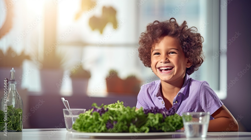 a little girl sitting at a table with a plate of lettuce and a glass of water in front of her. generative ai a little girl sitting at a table with a plate of lettuce and a glass of water in front of her. generative ai