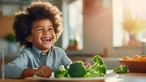  a young boy smiles as he sits at a table with a plate of broccoli and a bowl of oranges.  generative ai photo