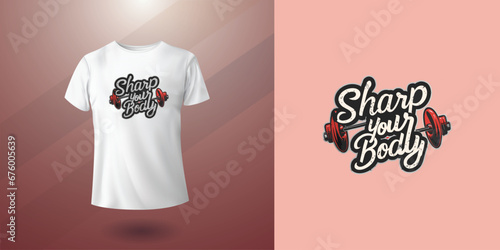 Sharp your body, t shirt design for gym center, Lettering and typography T-shirt design, Barbell vector sticker of fitness lover, creative and modern print concept.