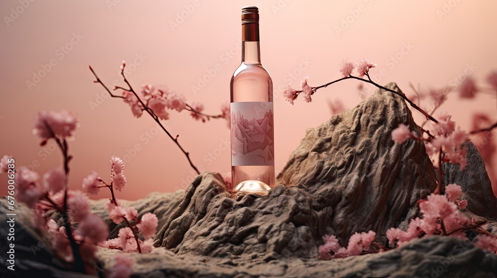  a bottle of wine sitting on top of a pile of rocks next to a tree with pink flowers on it.  generative ai - obrazy, fototapety, plakaty 