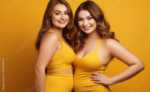 Happy smiling, laughing young plus size curvy women in elegant dresses standing together and having fun on isolated plane background