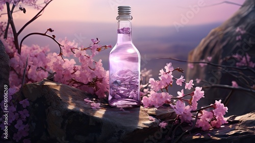 a bottle filled with water sitting on top of a rock next to a tree filled with pink flowers on top of a cliff. generative ai