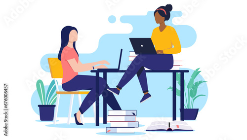 Studying friends - Two female women students working together with schoolwork at desk using laptop computers. Education concept in flat design vector illustration with white background