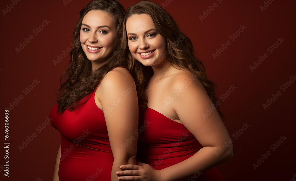 Happy smiling, laughing young plus size curvy women in elegant dresses standing together and having fun on isolated plane background Happy smiling, laughing young plus size curvy women in elegant dresses standing together and having fun on isolated plane background
