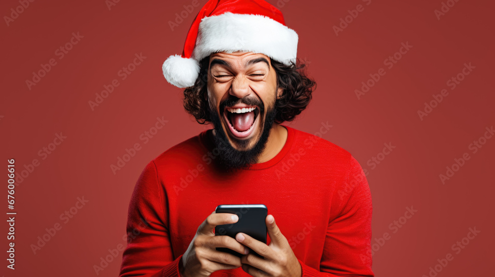 A man wearing a festive Santa hat is laughing with joy while looking at a smartphone in his hands against a solid background. A man wearing a festive Santa hat is laughing with joy while looking at a smartphone in his hands against a solid background.