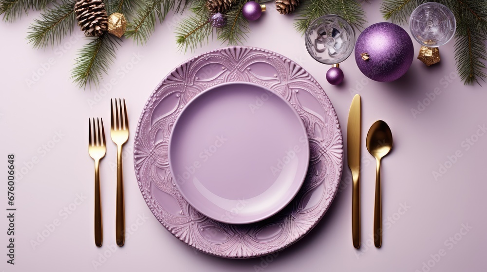 a christmas table setting with a purple plate, silverware, and pine branches on a pink background with ornaments. generative ai a christmas table setting with a purple plate, silverware, and pine branches on a pink background with ornaments. generative ai