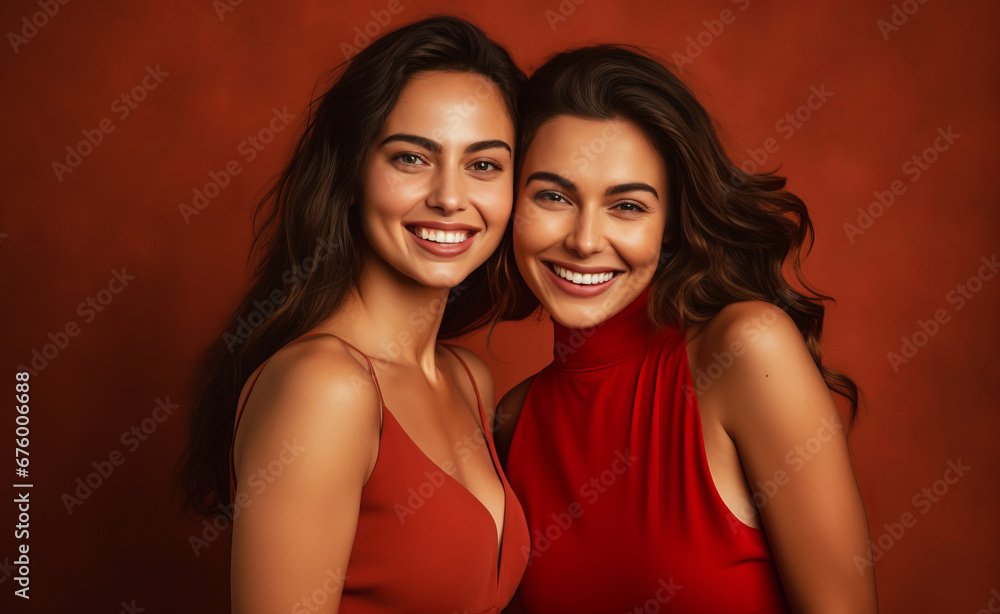 Happy smiling, laughing young plus size curvy women in elegant dresses standing together and having fun on isolated plane background Happy smiling, laughing young plus size curvy women in elegant dresses standing together and having fun on isolated plane background