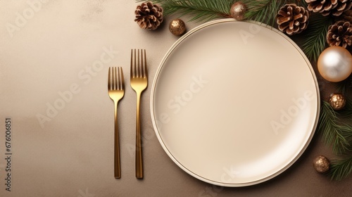  a white plate with a gold fork and knife next to a pine branch with cones and balls on the table.  generative ai