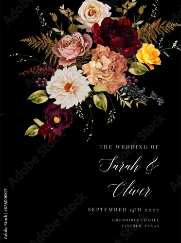 Elegant fall dark frame, arranged leaves and flowers. Orange garden rose, white dahlia, astilbe, ranunculus, berry