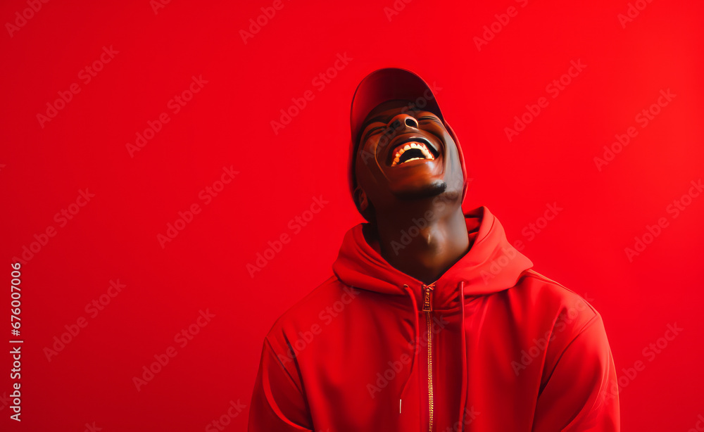 Ultra handsome man, model, smiling and laughing, wearing bright clothes. Bright solid red isolated background.