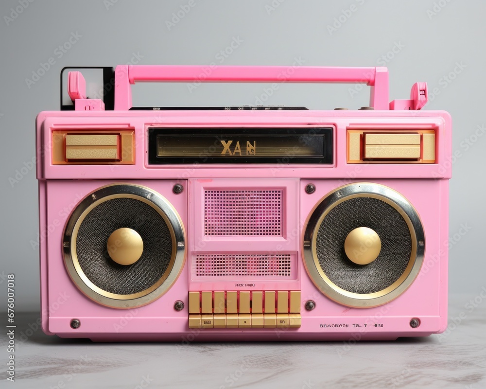 Obraz premium An electrifying blast of nostalgia, the gleaming pink boom box adorned with opulent gold details, fills the room with the pulsing beats of a bygone era