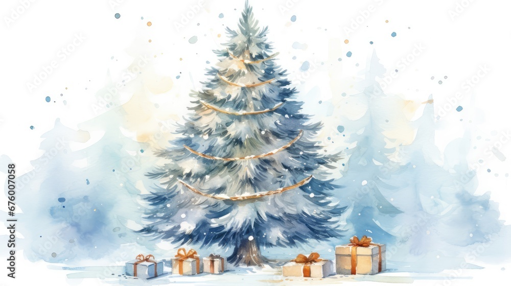  a watercolor painting of a christmas tree with presents in front of it and snow falling on the ground around it.  generative ai