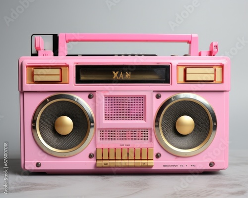 An electrifying blast of nostalgia, the gleaming pink boom box adorned with opulent gold details, fills the room with the pulsing beats of a bygone era photo