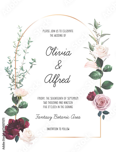 Burgundy red peony, white pale rose, magnolia, blush pink flowers vector design invitation frame