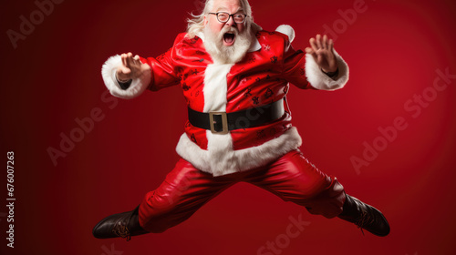 A person dressed as Santa Claus, exuberantly jumping with arms outstretched and a beaming smile, wearing the traditional red and white suit, against a festive red background.