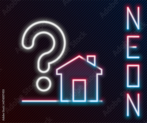 Glowing neon line House with question mark icon isolated on black background. Housing problems, questions. Colorful outline concept. Vector