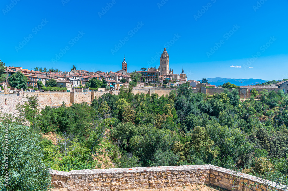 View of the city of Segovia, Spain, with the cathedral in the foreground
